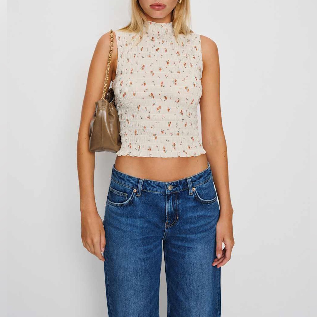 Reformation Cream Smocked Floral Mock Neck Tank